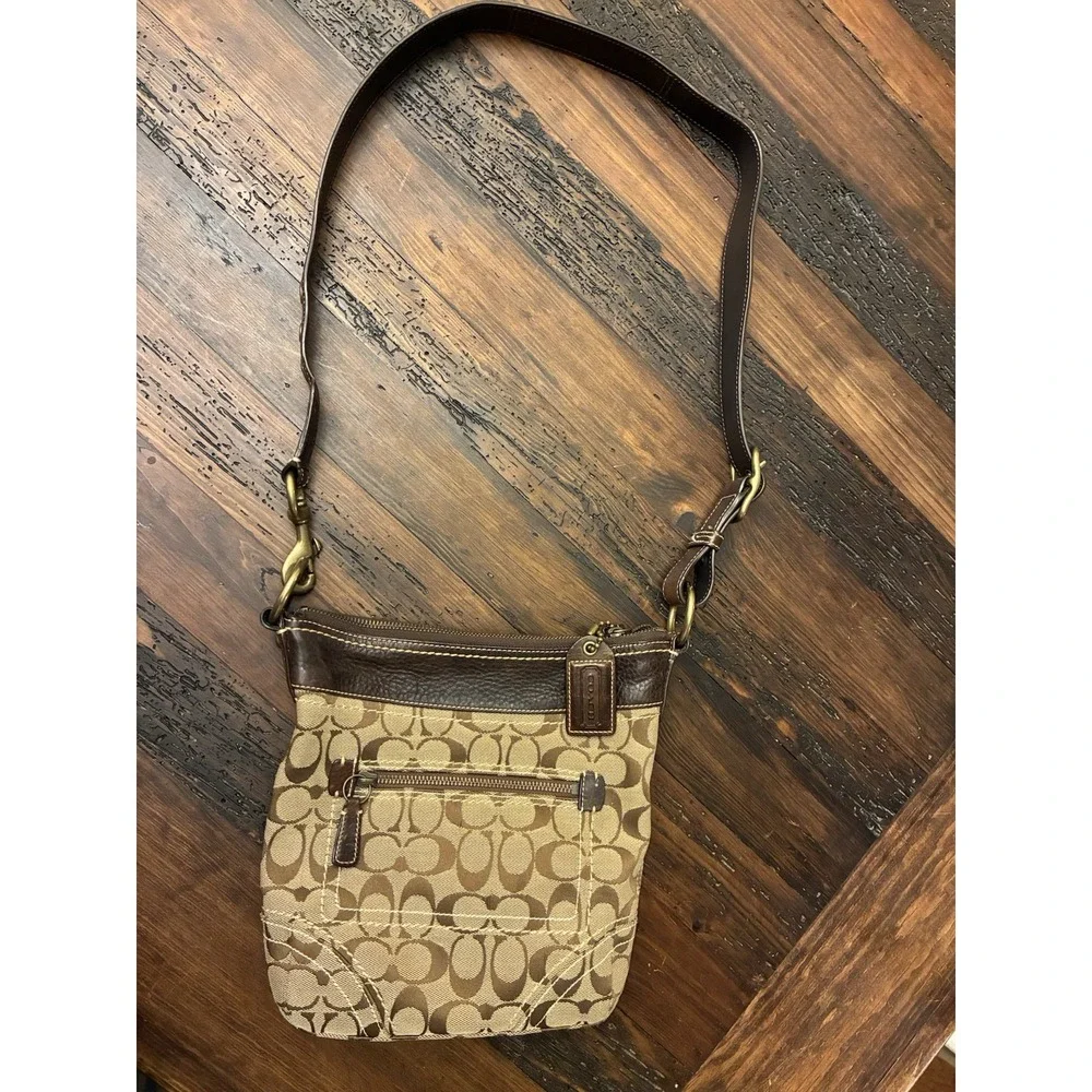 Vintage 90s Coach Crossbody Shoulder Bag Purse Monogram Brown Leather & Canvas